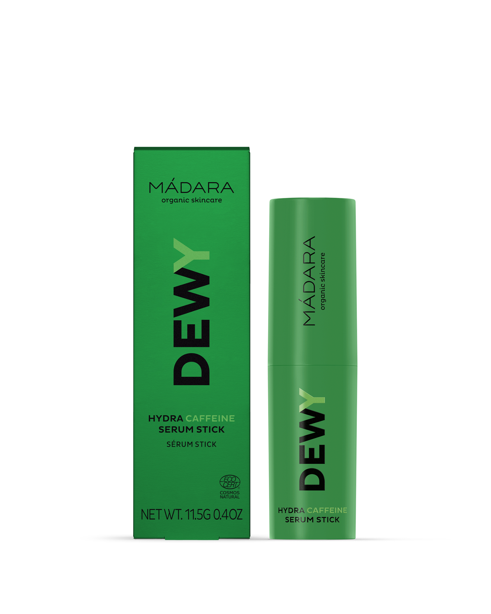 Mádara Dewy Hydra Caffeine Serum Stick packaging on a white background