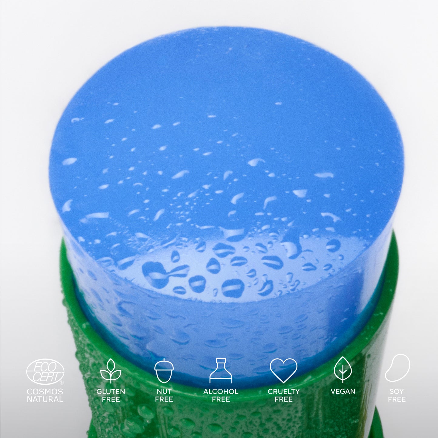 Blue container with water droplets on a white background