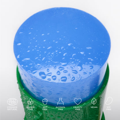 Blue container with water droplets on a white background