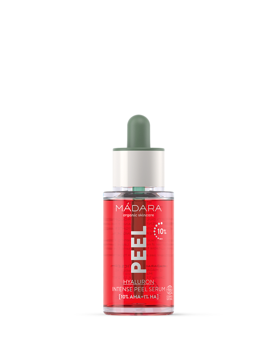 Mádara Peel Hyaluron serum bottle on a white background
