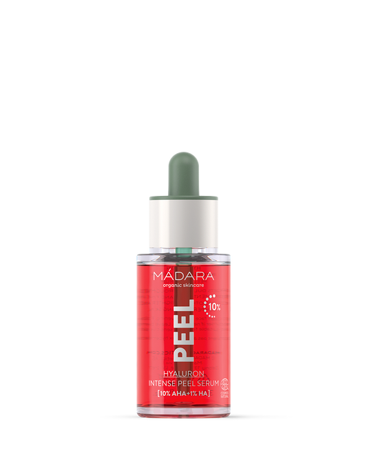 Mádara Peel Hyaluron serum bottle on a white background