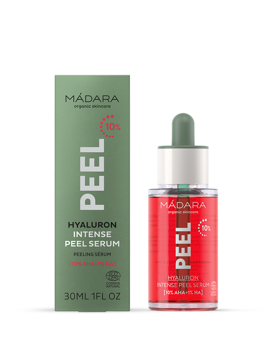 Mádara Hyaluron Intense Peel Serum bottle and packaging on a white background