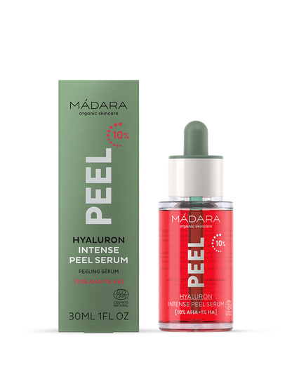 Mádara Hyaluron Intense Peel Serum bottle and packaging on a white background