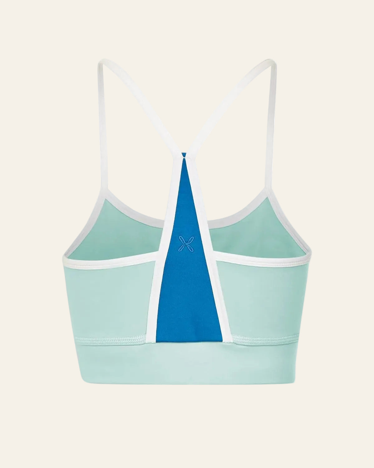Light blue sports bra with a blue triangle design on a white background