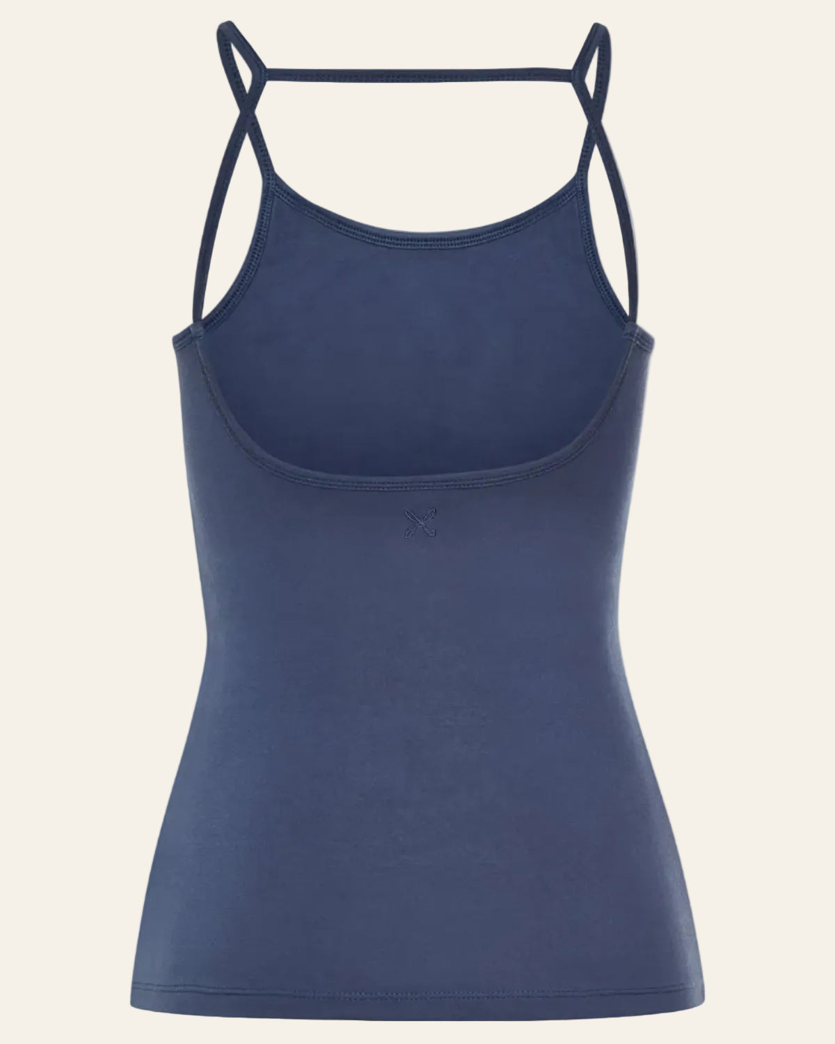 Blue tank top with thin straps on a white background