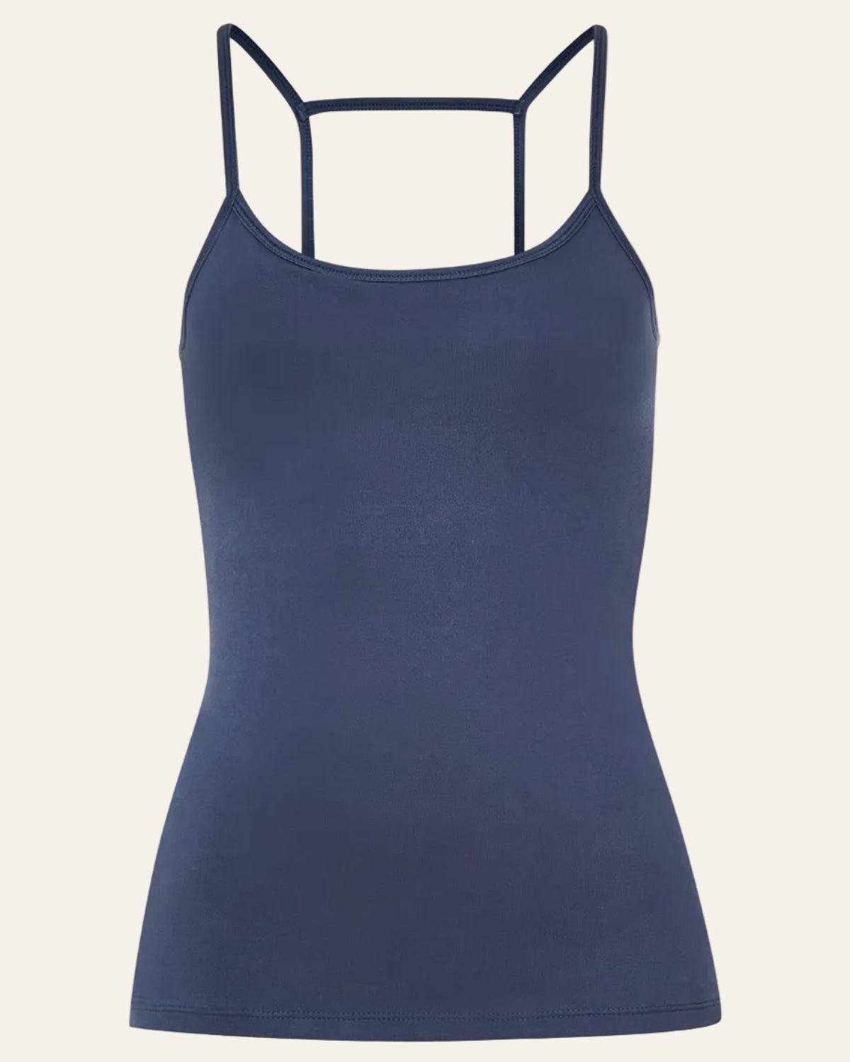 Navy blue tank top with thin straps on a white background