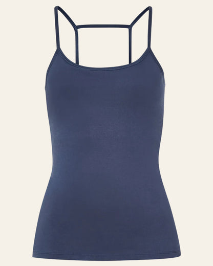 Navy blue tank top with thin straps on a white background