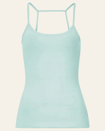Light blue tank top with thin straps on a white background