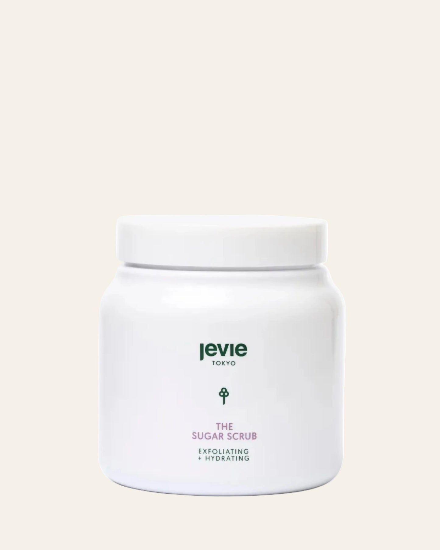 White jar of 'The Sugar Scrub' by Jevie on a white background