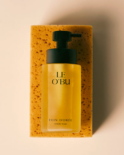 Yellow bottle with black pump on a brown sponge against a beige background