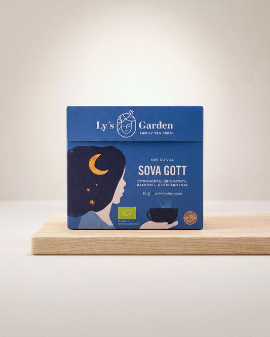 Box of Ly's Garden Sova Gott tea on a wooden surface with a light background